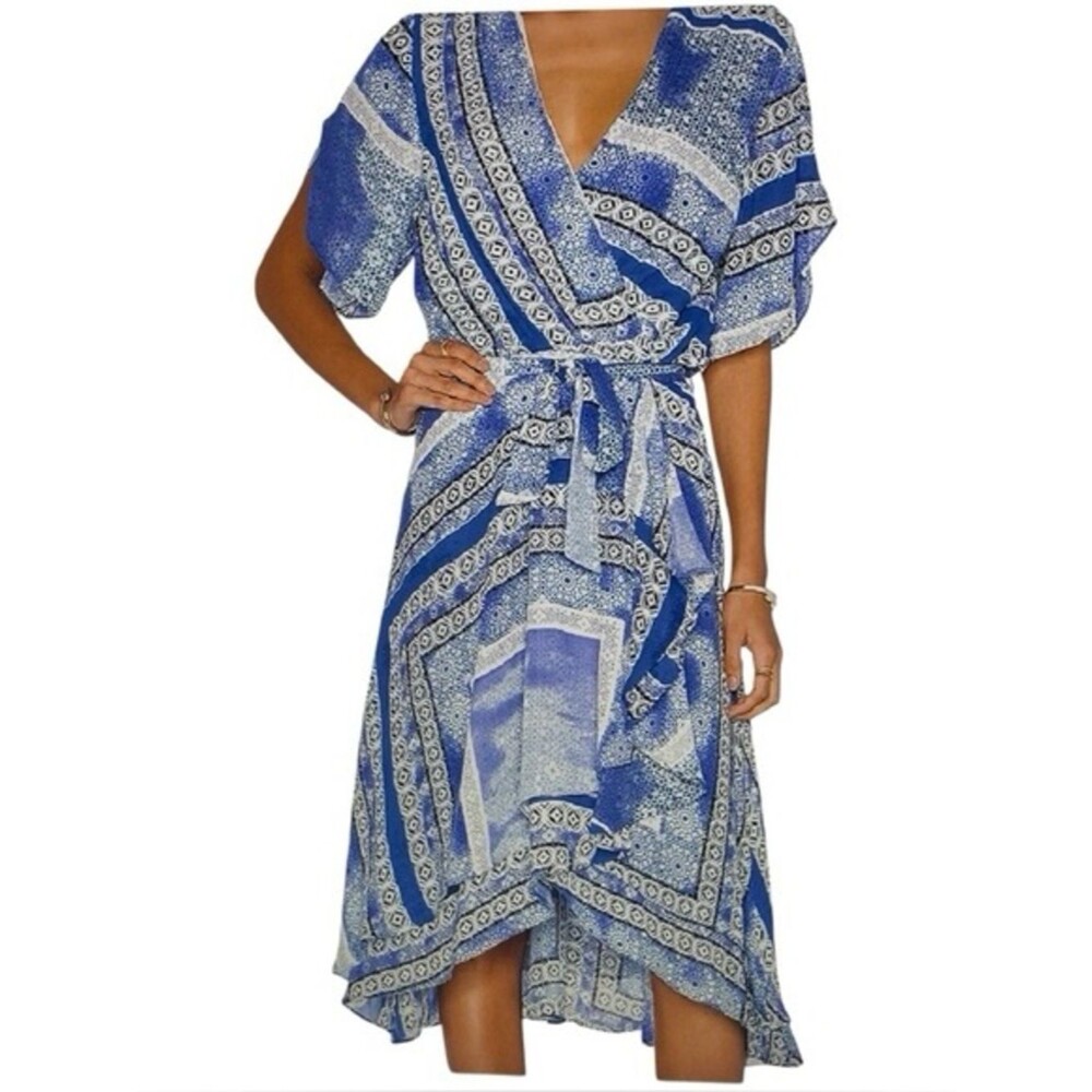 Parker Dominica Olympos Blue Faux Wrap Midi Dress Short Sleeve Medium NWT